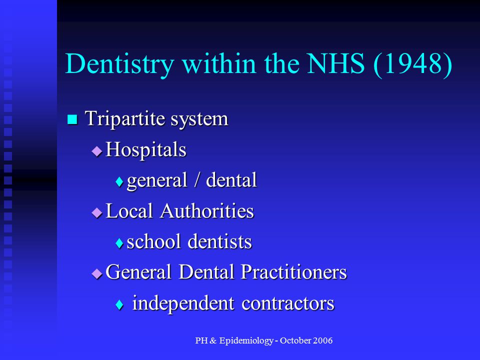 PH & Epidemiology - October 2006 Dentistry within the NHS (1948) Tripartite system Tripartite system  Hospitals  general / dental  Local Authorities  school dentists  General Dental Practitioners  independent contractors
