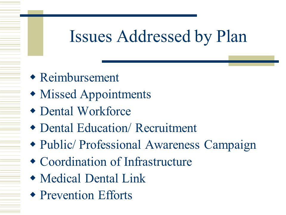 Issues Addressed by Plan  Reimbursement  Missed Appointments  Dental Workforce  Dental Education/ Recruitment  Public/ Professional Awareness Campaign  Coordination of Infrastructure  Medical Dental Link  Prevention Efforts