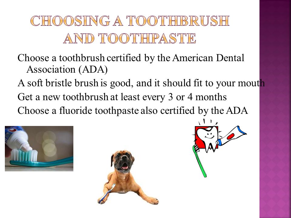 Choose a toothbrush certified by the American Dental Association (ADA) A soft bristle brush is good, and it should fit to your mouth Get a new toothbrush at least every 3 or 4 months Choose a fluoride toothpaste also certified by the ADA