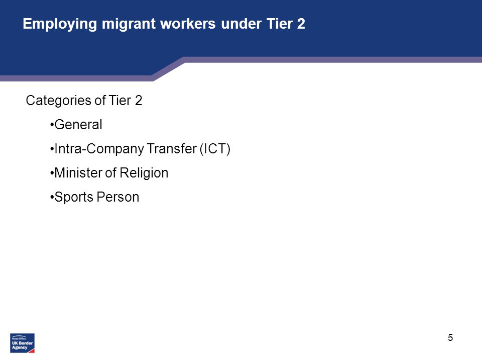 5 Employing migrant workers under Tier 2 Categories of Tier 2 General Intra-Company Transfer (ICT) Minister of Religion Sports Person