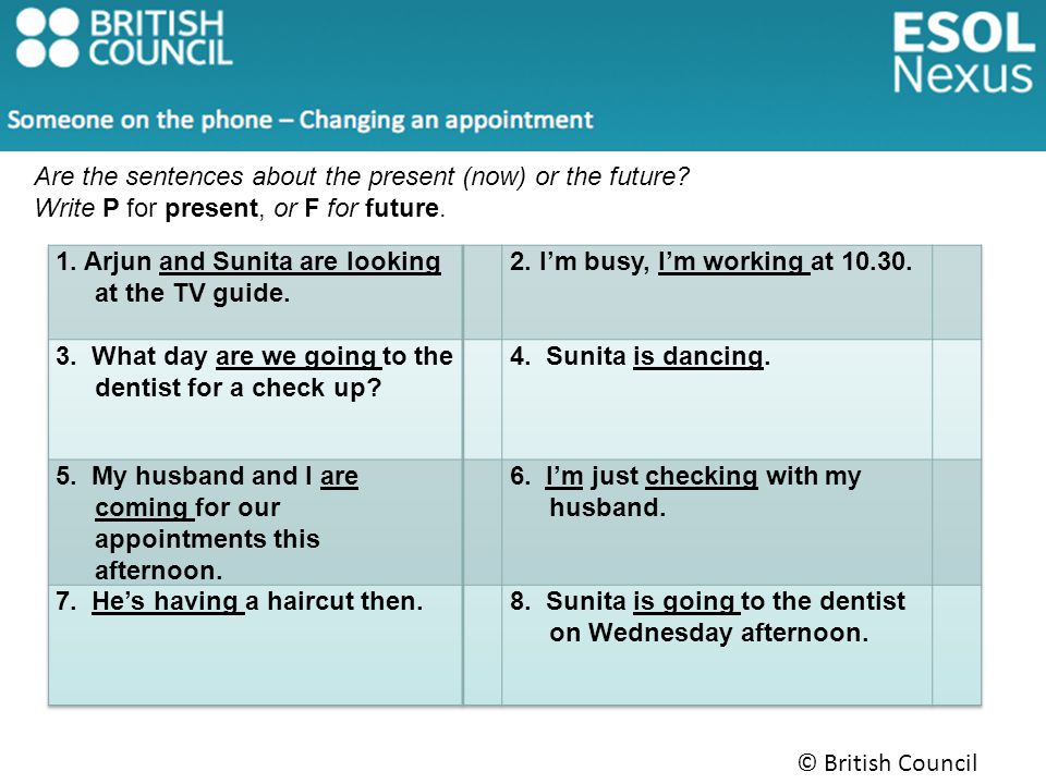 © British Council 2014 Are the sentences about the present (now) or the future.