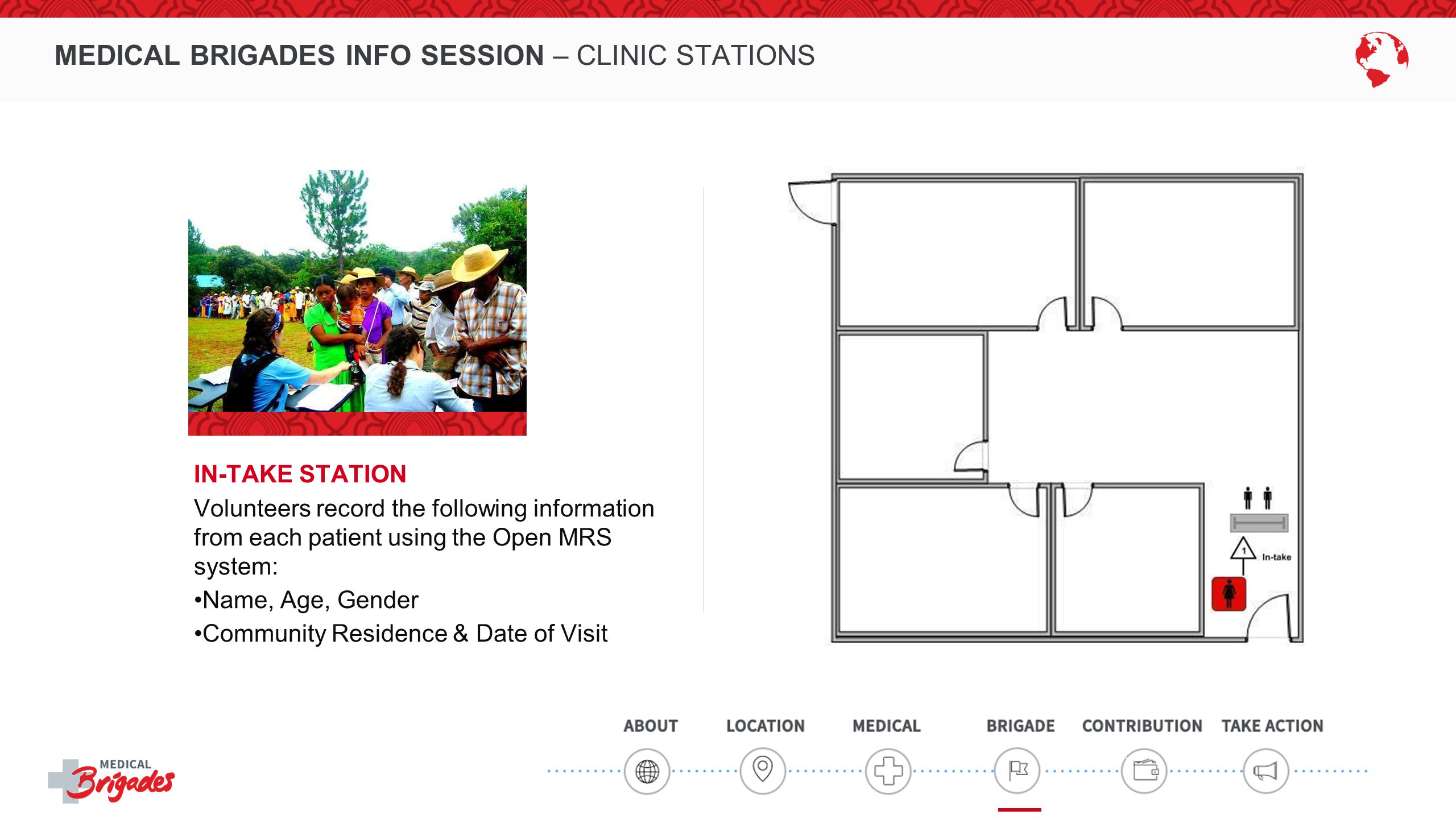 MEDICAL BRIGADES INFO SESSION – CLINIC STATIONS IN-TAKE STATION Volunteers record the following information from each patient using the Open MRS system: Name, Age, Gender Community Residence & Date of Visit