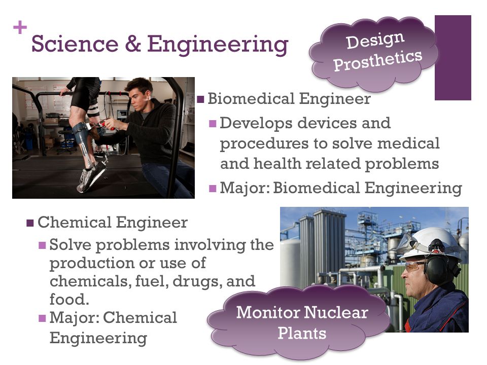 + Science & Engineering Biomedical Engineer Develops devices and procedures to solve medical and health related problems Major: Biomedical Engineering Chemical Engineer Solve problems involving the production or use of chemicals, fuel, drugs, and food.