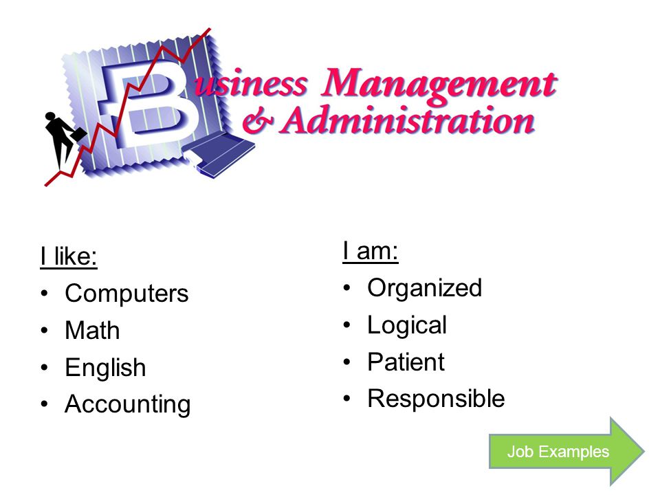 I like: Computers Math English Accounting I am: Organized Logical Patient Responsible Job Examples