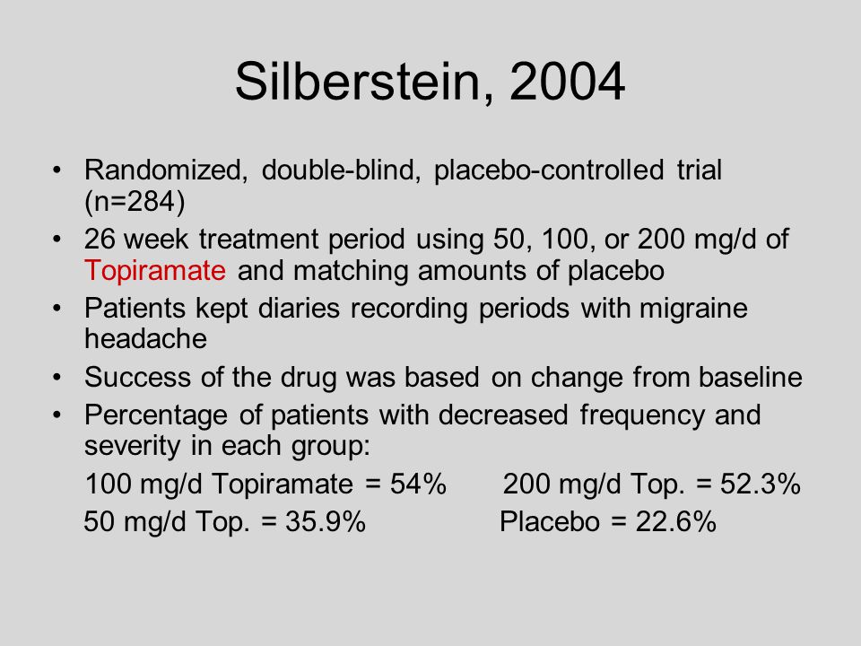 Silberstein, 2004 Randomized, double-blind, placebo-controlled trial (n=284) 26 week treatment period using 50, 100, or 200 mg/d of Topiramate and matching amounts of placebo Patients kept diaries recording periods with migraine headache Success of the drug was based on change from baseline Percentage of patients with decreased frequency and severity in each group: 100 mg/d Topiramate = 54% 200 mg/d Top.