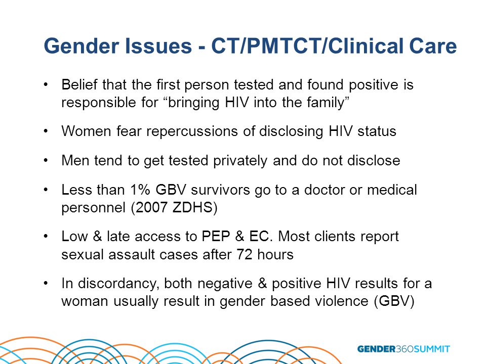 Gender Issues - CT/PMTCT/Clinical Care Belief that the first person tested and found positive is responsible for bringing HIV into the family Women fear repercussions of disclosing HIV status Men tend to get tested privately and do not disclose Less than 1% GBV survivors go to a doctor or medical personnel (2007 ZDHS) Low & late access to PEP & EC.