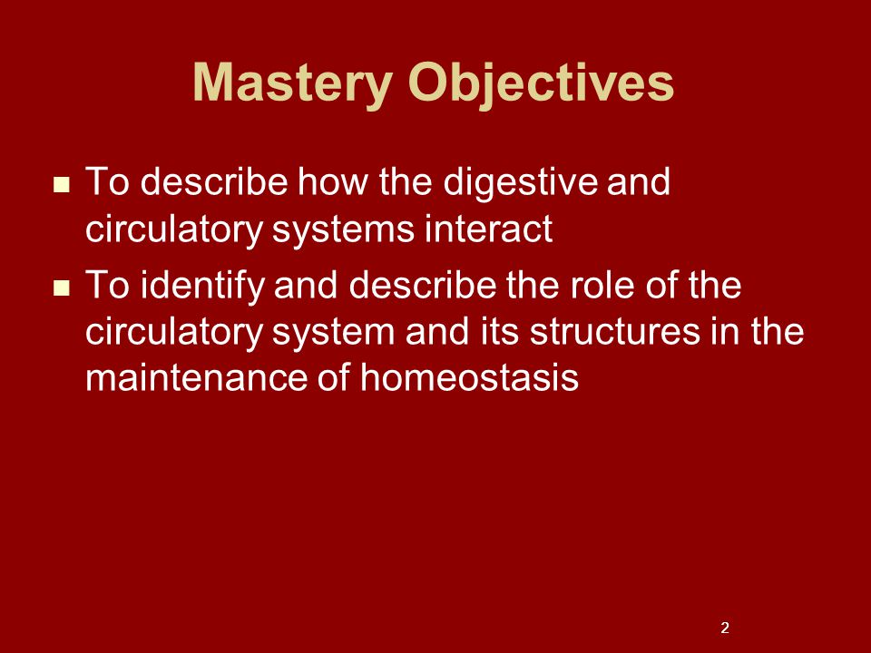 2 Mastery Objectives To describe how the digestive and circulatory systems interact To identify and describe the role of the circulatory system and its structures in the maintenance of homeostasis 2