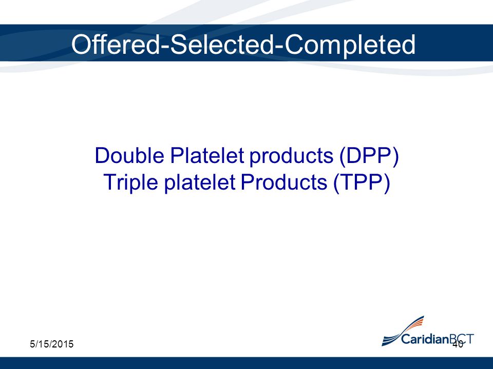 5/15/ Double Platelet products (DPP) Triple platelet Products (TPP) Offered-Selected-Completed