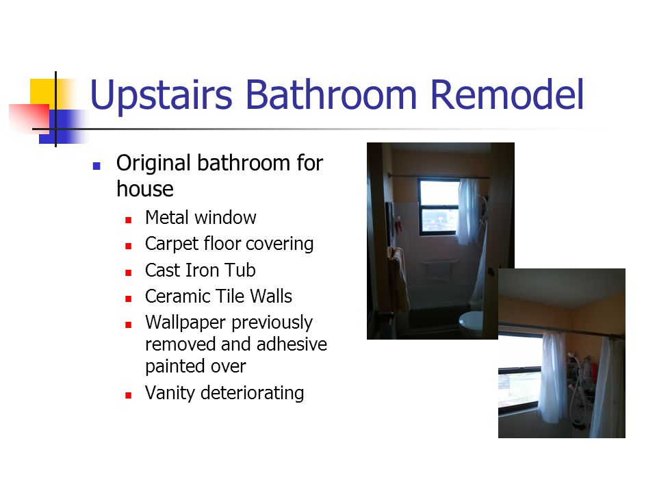Original bathroom for house Metal window Carpet floor covering Cast Iron Tub Ceramic Tile Walls Wallpaper previously removed and adhesive painted over Vanity deteriorating