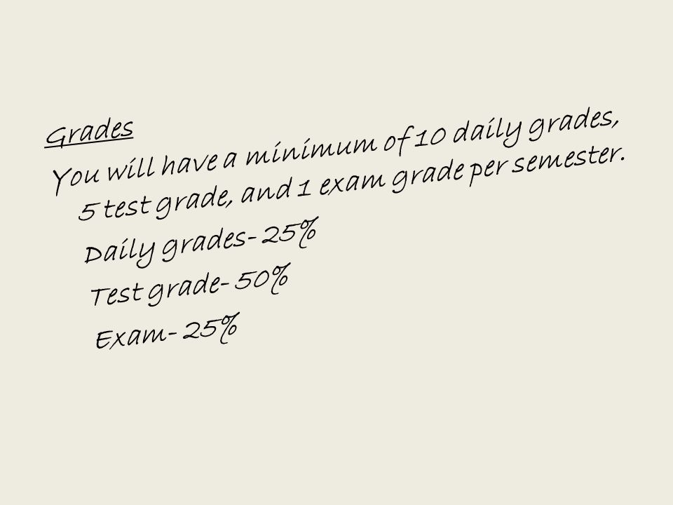 Grades You will have a minimum of 10 daily grades, 5 test grade, and 1 exam grade per semester.