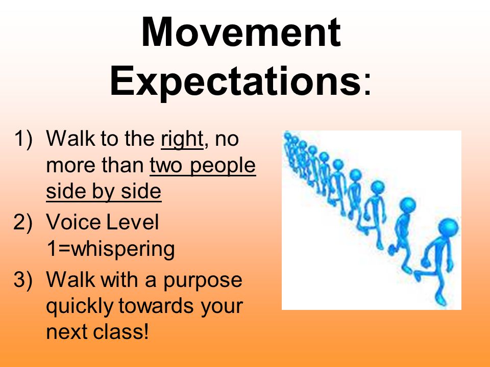 Movement Expectations: 1)Walk to the right, no more than two people side by side 2)Voice Level 1=whispering 3)Walk with a purpose quickly towards your next class!