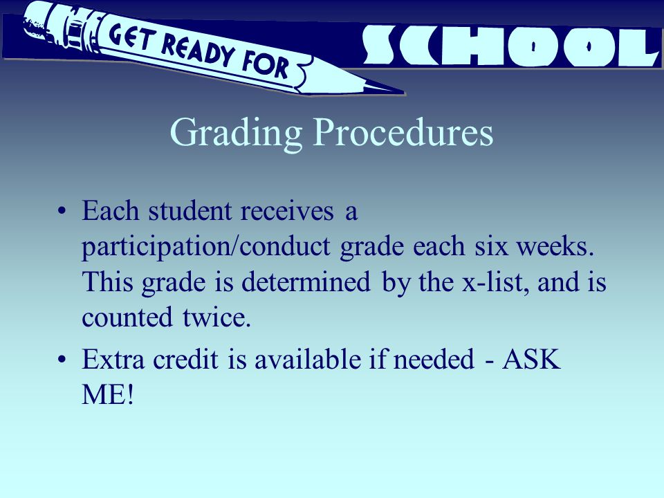 Grading Procedures Each student receives a participation/conduct grade each six weeks.