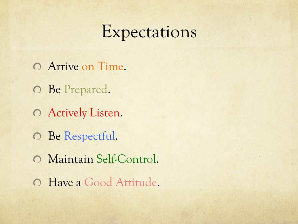 Expectations Arrive on Time. Be Prepared. Actively Listen.
