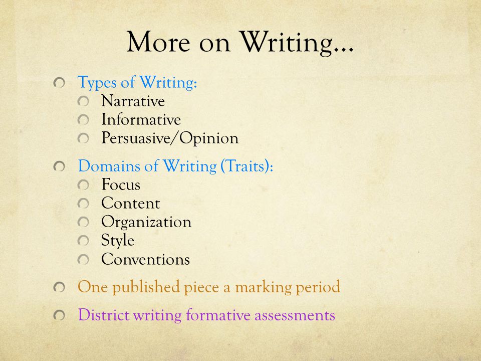 More on Writing… Types of Writing: Narrative Informative Persuasive/Opinion Domains of Writing (Traits): Focus Content Organization Style Conventions One published piece a marking period District writing formative assessments