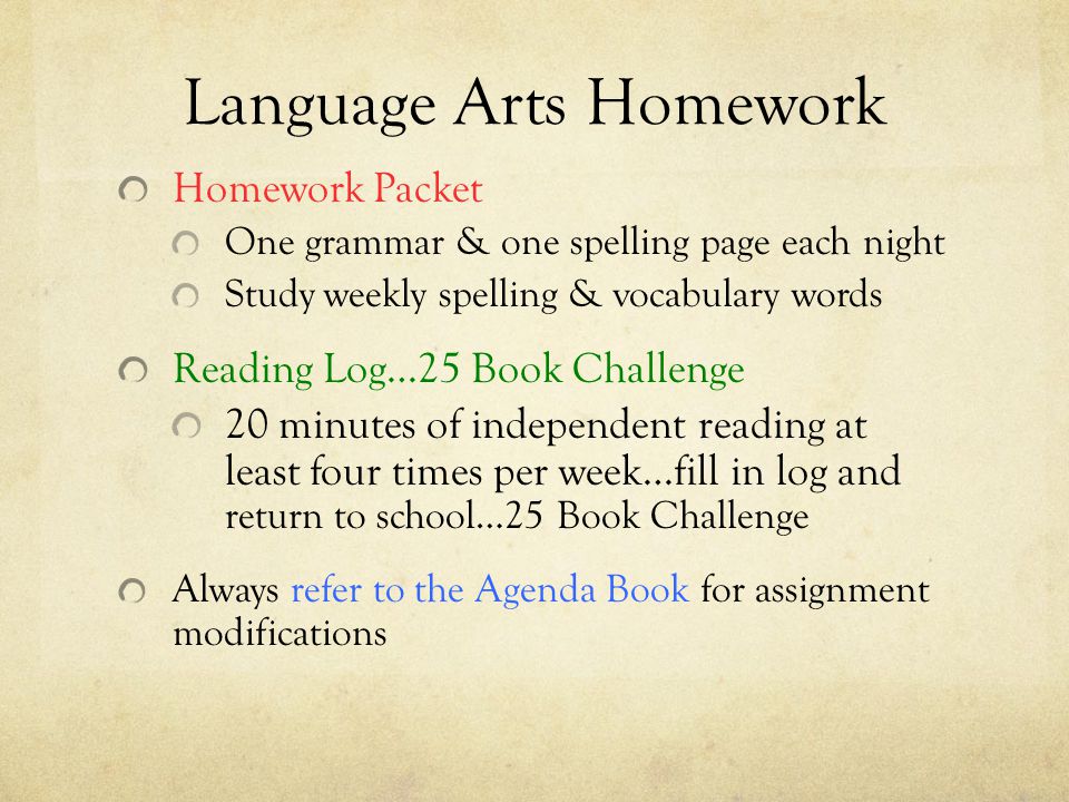Language Arts Homework Homework Packet One grammar & one spelling page each night Study weekly spelling & vocabulary words Reading Log…25 Book Challenge 20 minutes of independent reading at least four times per week…fill in log and return to school…25 Book Challenge Always refer to the Agenda Book for assignment modifications