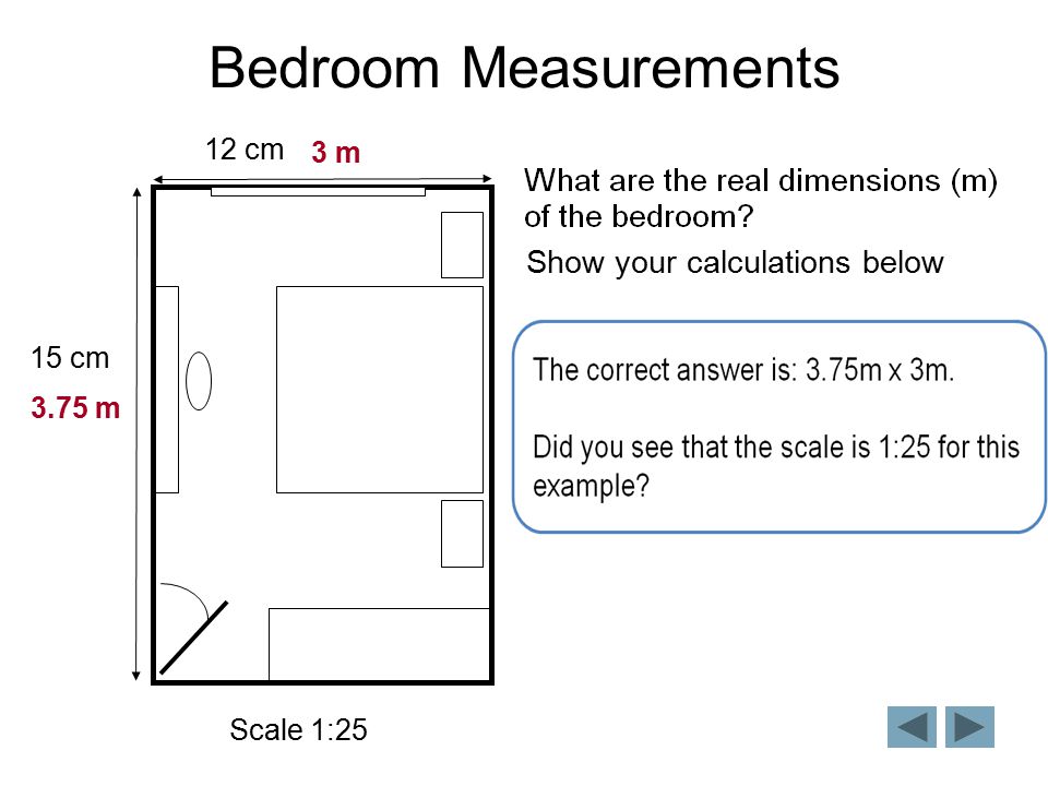 Bedroom Measurements 15 cm 12 cm Scale 1:25 Show your calculations below 3.75 m 3 m