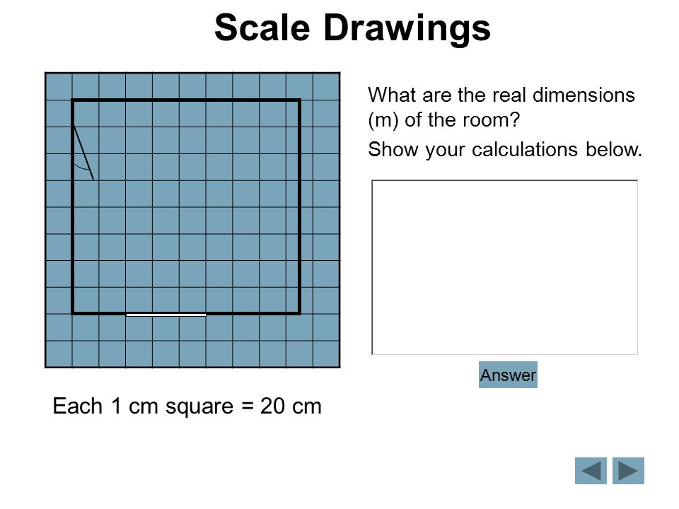 Each 1 cm square = 20 cm What are the real dimensions (m) of the room.
