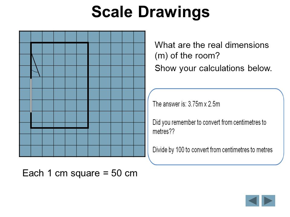 Each 1 cm square = 50 cm What are the real dimensions (m) of the room.