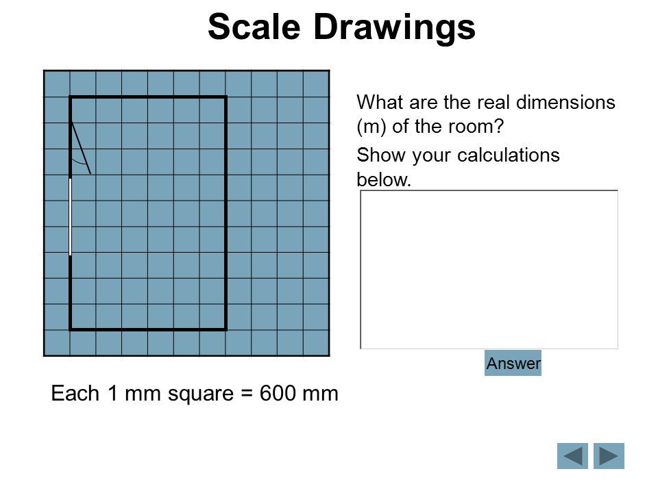 Each 1 mm square = 600 mm What are the real dimensions (m) of the room.
