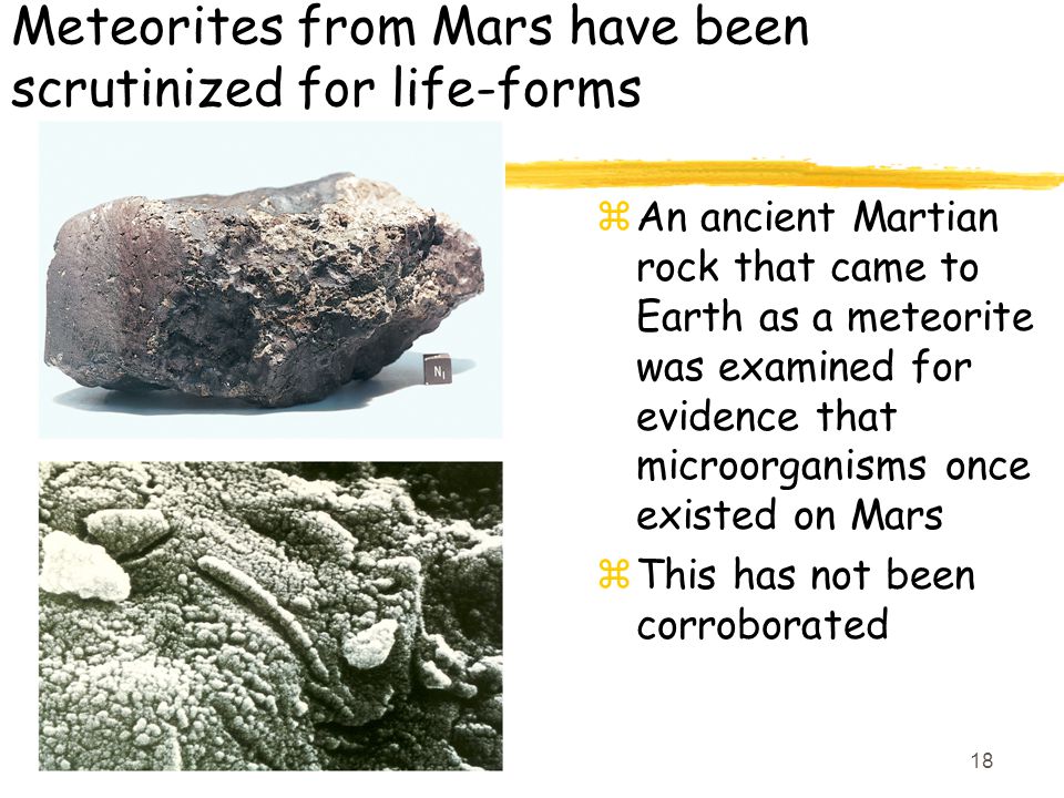 18 Meteorites from Mars have been scrutinized for life-forms zAn ancient Martian rock that came to Earth as a meteorite was examined for evidence that microorganisms once existed on Mars zThis has not been corroborated