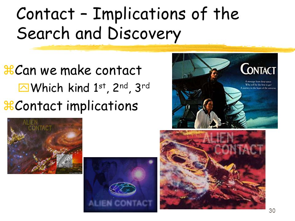 30 Contact – Implications of the Search and Discovery zCan we make contact yWhich kind 1 st, 2 nd, 3 rd zContact implications