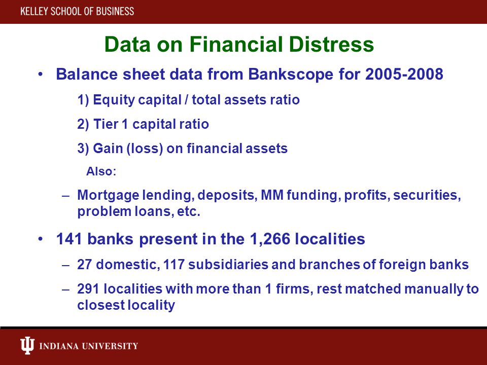 Data on Financial Distress Balance sheet data from Bankscope for ) Equity capital / total assets ratio 2) Tier 1 capital ratio 3) Gain (loss) on financial assets Also: –Mortgage lending, deposits, MM funding, profits, securities, problem loans, etc.