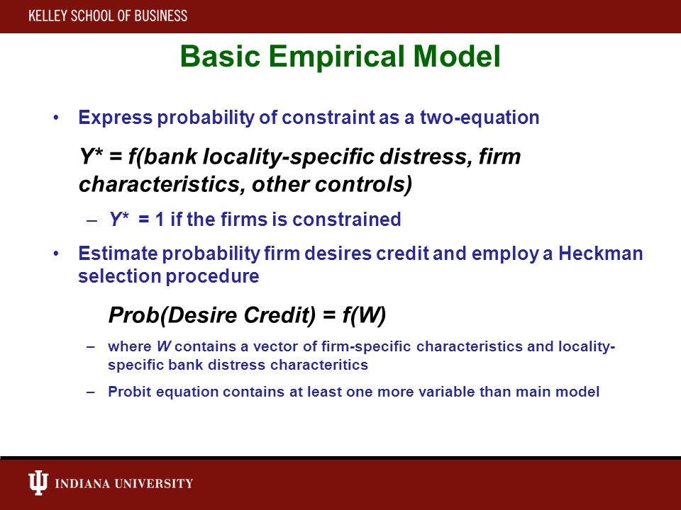 Basic Empirical Model Express probability of constraint as a two-equation Y* = f(bank locality-specific distress, firm characteristics, other controls) –Y* = 1 if the firms is constrained Estimate probability firm desires credit and employ a Heckman selection procedure Prob(Desire Credit) = f(W) –where W contains a vector of firm-specific characteristics and locality- specific bank distress characteritics –Probit equation contains at least one more variable than main model
