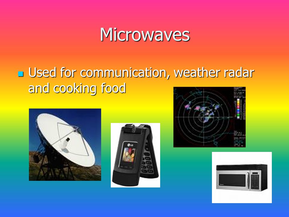 Microwaves Used for communication, weather radar and cooking food Used for communication, weather radar and cooking food