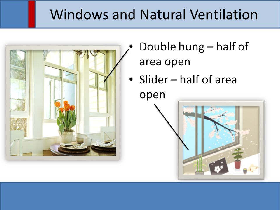 Windows and Natural Ventilation Double hung – half of area open Slider – half of area open
