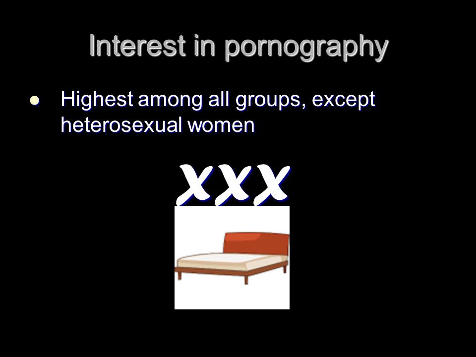 Interest in pornography Highest among all groups, except heterosexual women Highest among all groups, except heterosexual women XXX XXX