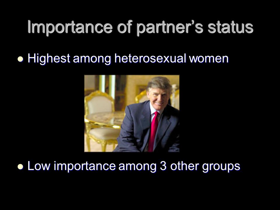 Importance of partner’s status Highest among heterosexual women Highest among heterosexual women Low importance among 3 other groups Low importance among 3 other groups