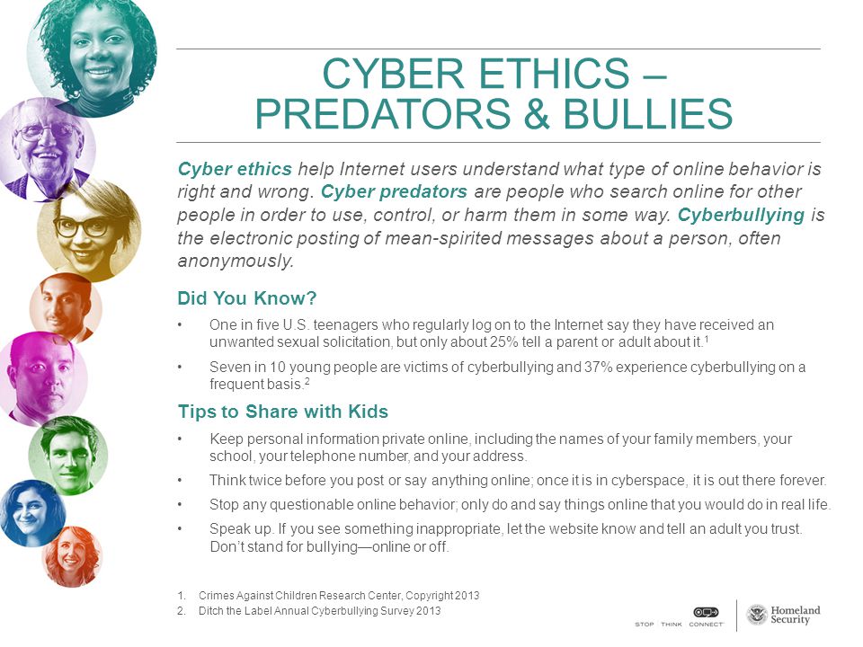 CYBER ETHICS – PREDATORS & BULLIES Cyber ethics help Internet users understand what type of online behavior is right and wrong.
