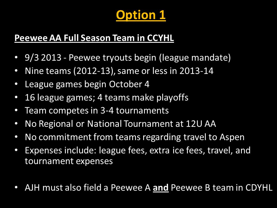 Option 1 Peewee AA Full Season Team in CCYHL 9/ Peewee tryouts begin (league mandate) Nine teams ( ), same or less in League games begin October 4 16 league games; 4 teams make playoffs Team competes in 3-4 tournaments No Regional or National Tournament at 12U AA No commitment from teams regarding travel to Aspen Expenses include: league fees, extra ice fees, travel, and tournament expenses AJH must also field a Peewee A and Peewee B team in CDYHL