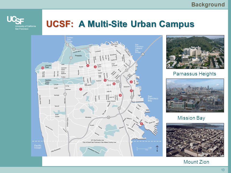 UCSF: A Multi-Site Urban Campus 13 Background Parnassus Heights Mission Bay Mount Zion
