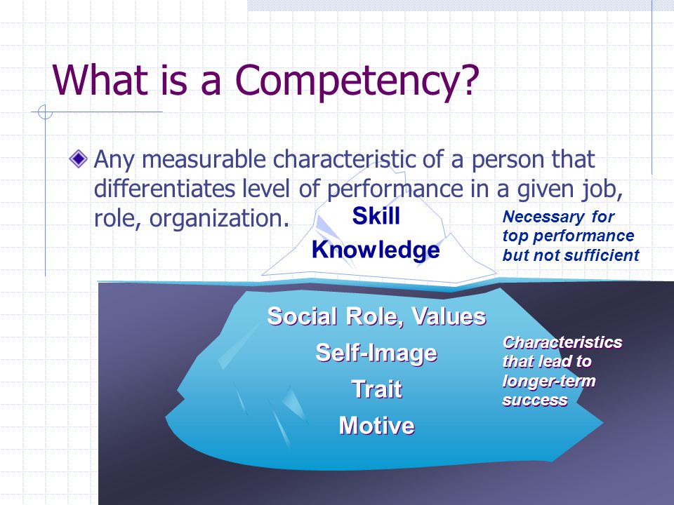 Social Role, Values Self-Image Trait Motive Social Role, Values Self-Image Trait Motive Skill Knowledge Necessary for top performance but not sufficient Characteristics that lead to longer-term success Characteristics that lead to longer-term success What is a Competency.