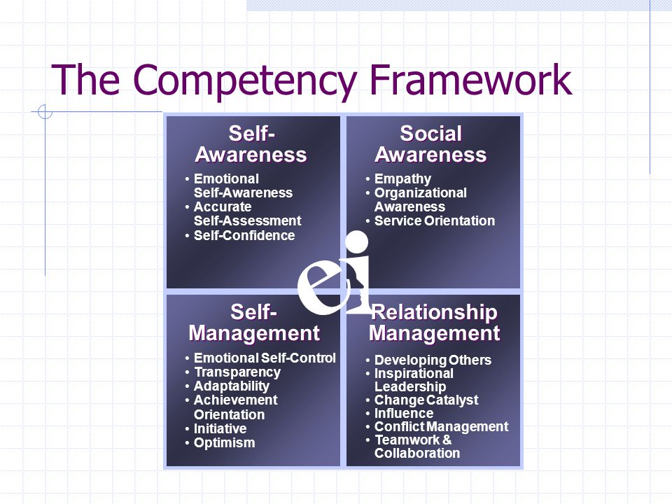 The Competency Framework Self- Awareness Self- Awareness Social Awareness Social Awareness Self- Management Self- Management Relationship Management Emotional Self-Awareness Accurate Self-Assessment Self-Confidence Empathy Organizational Awareness Service Orientation Emotional Self-Control Transparency Adaptability Achievement Orientation Initiative Optimism Developing Others Inspirational Leadership Change Catalyst Influence Conflict Management Teamwork & Collaboration
