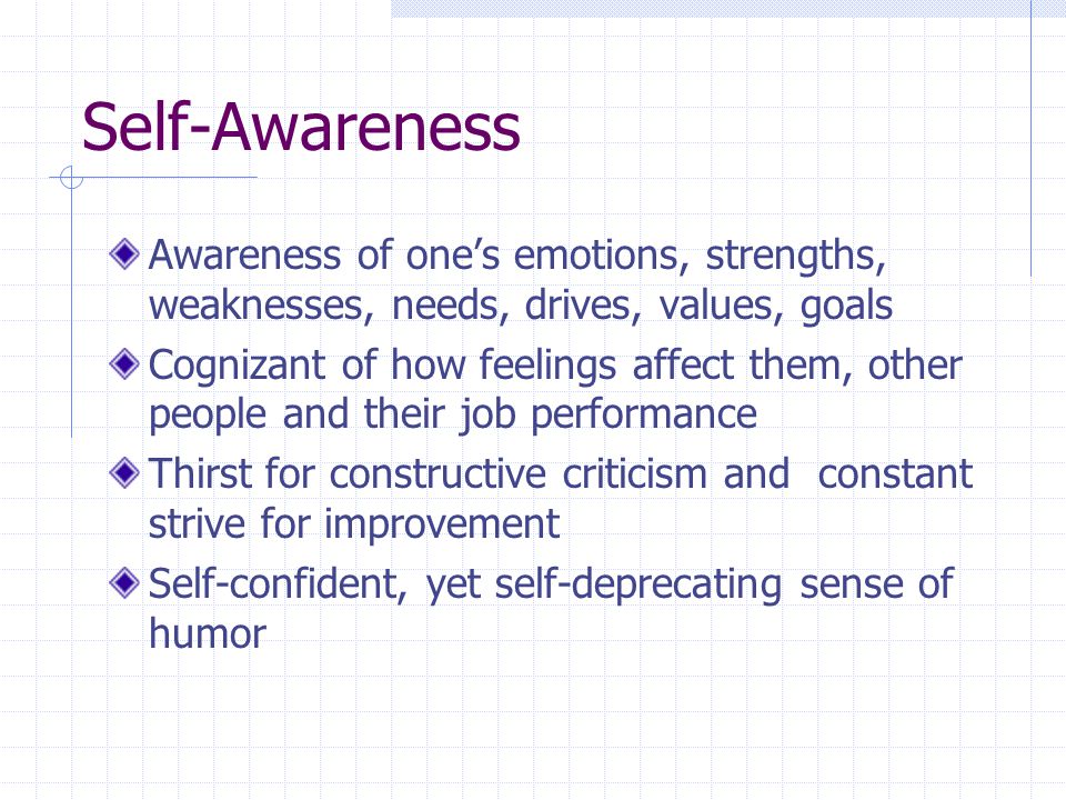Self-Awareness Awareness of one’s emotions, strengths, weaknesses, needs, drives, values, goals Cognizant of how feelings affect them, other people and their job performance Thirst for constructive criticism and constant strive for improvement Self-confident, yet self-deprecating sense of humor