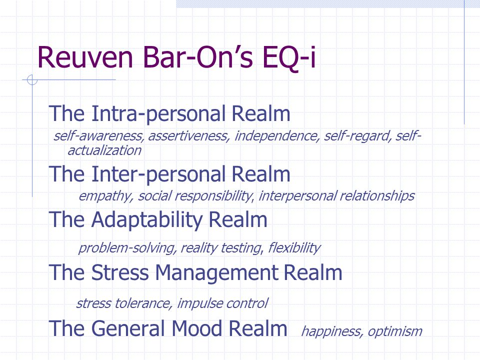 Reuven Bar-On’s EQ-i The Intra-personal Realm self-awareness, assertiveness, independence, self-regard, self- actualization The Inter-personal Realm empathy, social responsibility, interpersonal relationships The Adaptability Realm problem-solving, reality testing, flexibility The Stress Management Realm stress tolerance, impulse control The General Mood Realm happiness, optimism