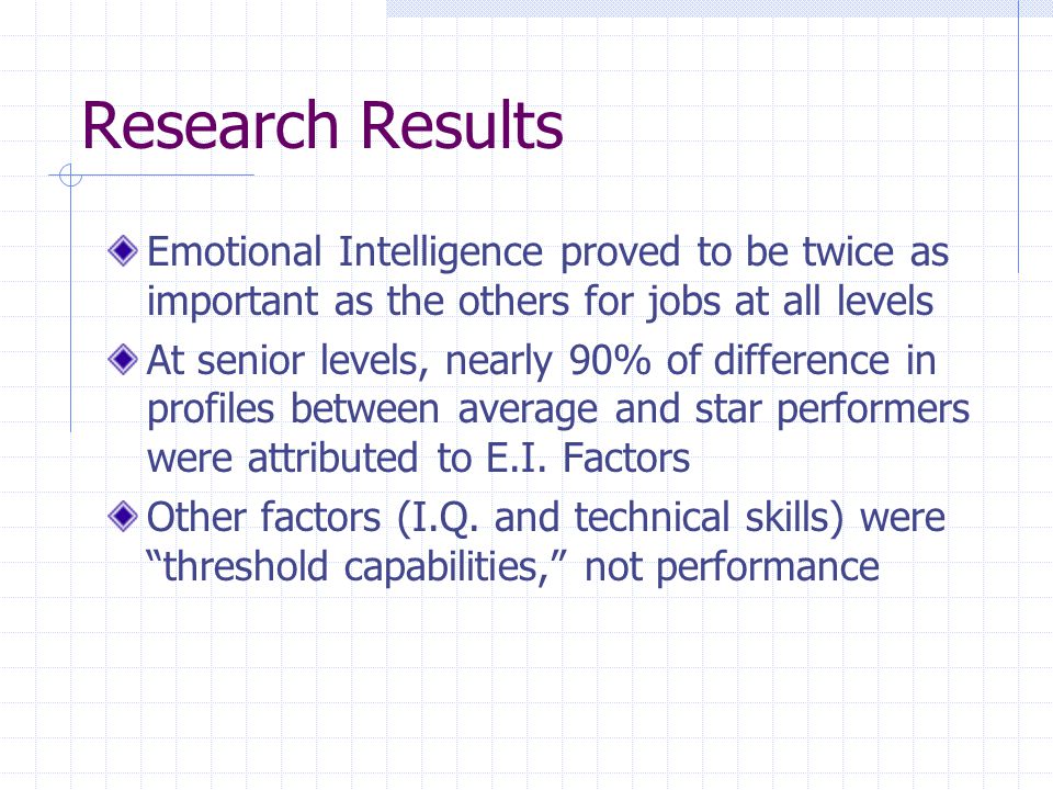 Research Results Emotional Intelligence proved to be twice as important as the others for jobs at all levels At senior levels, nearly 90% of difference in profiles between average and star performers were attributed to E.I.