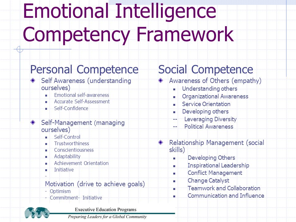 Emotional Intelligence Competency Framework Personal Competence Self Awareness (understanding ourselves) Emotional self-awareness Accurate Self-Assessment Self-Confidence Self-Management ( managing ourselves) Self-Control Trustworthiness Conscientiousness Adaptability Achievement Orientation Initiative - Motivation (drive to achieve goals) - Optimism - Commitment- Initiative.