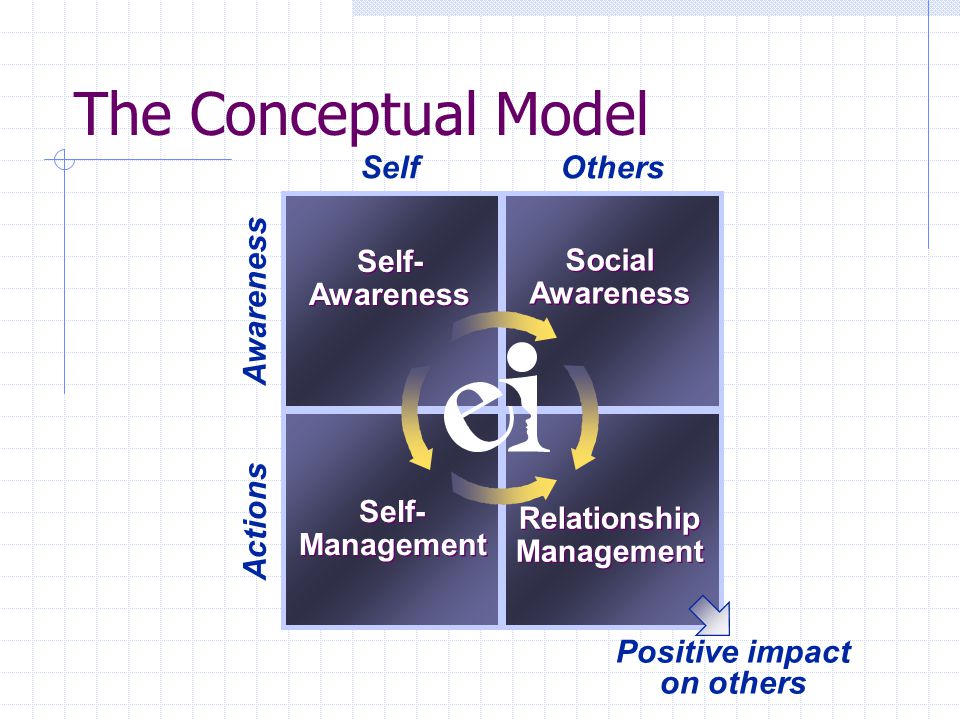 Positive impact on others SelfOthers Awareness Actions The Conceptual Model Self- Awareness Self- Awareness Social Awareness Social Awareness Self- Management Self- Management Relationship Management