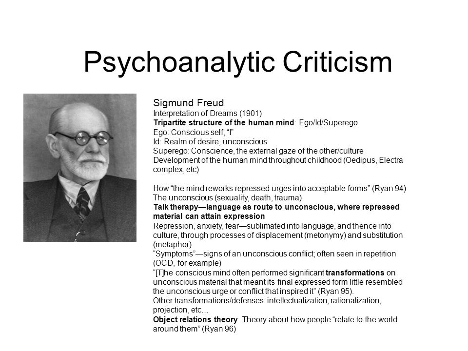 Psychoanalytic Criticism Sigmund Freud Interpretation of Dreams (1901) Tripartite structure of the human mind: Ego/Id/Superego Ego: Conscious self, I Id: Realm of desire, unconscious Superego: Conscience, the external gaze of the other/culture Development of the human mind throughout childhood (Oedipus, Electra complex, etc) How the mind reworks repressed urges into acceptable forms (Ryan 94) The unconscious (sexuality, death, trauma) Talk therapy—language as route to unconscious, where repressed material can attain expression Repression, anxiety, fear—sublimated into language, and thence into culture, through processes of displacement (metonymy) and substitution (metaphor) Symptoms —signs of an unconscious conflict; often seen in repetition (OCD, for example) [T]he conscious mind often performed significant transformations on unconscious material that meant its final expressed form little resembled the unconscious urge or conflict that inspired it (Ryan 95).