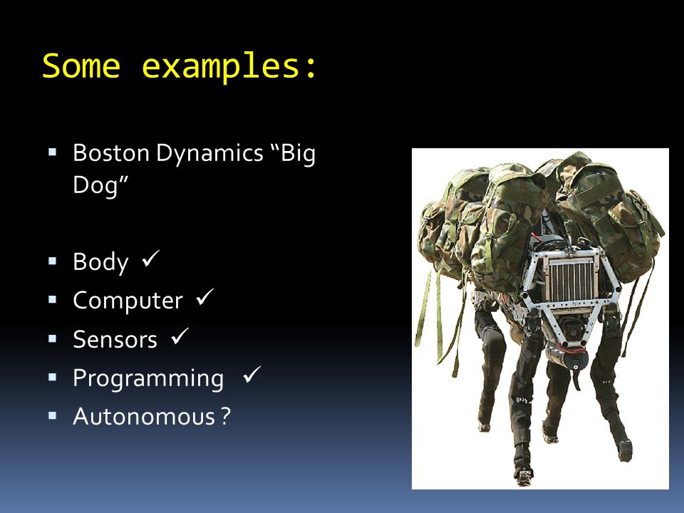 Some examples:  Boston Dynamics Big Dog  Body  Computer  Sensors  Programming  Autonomous