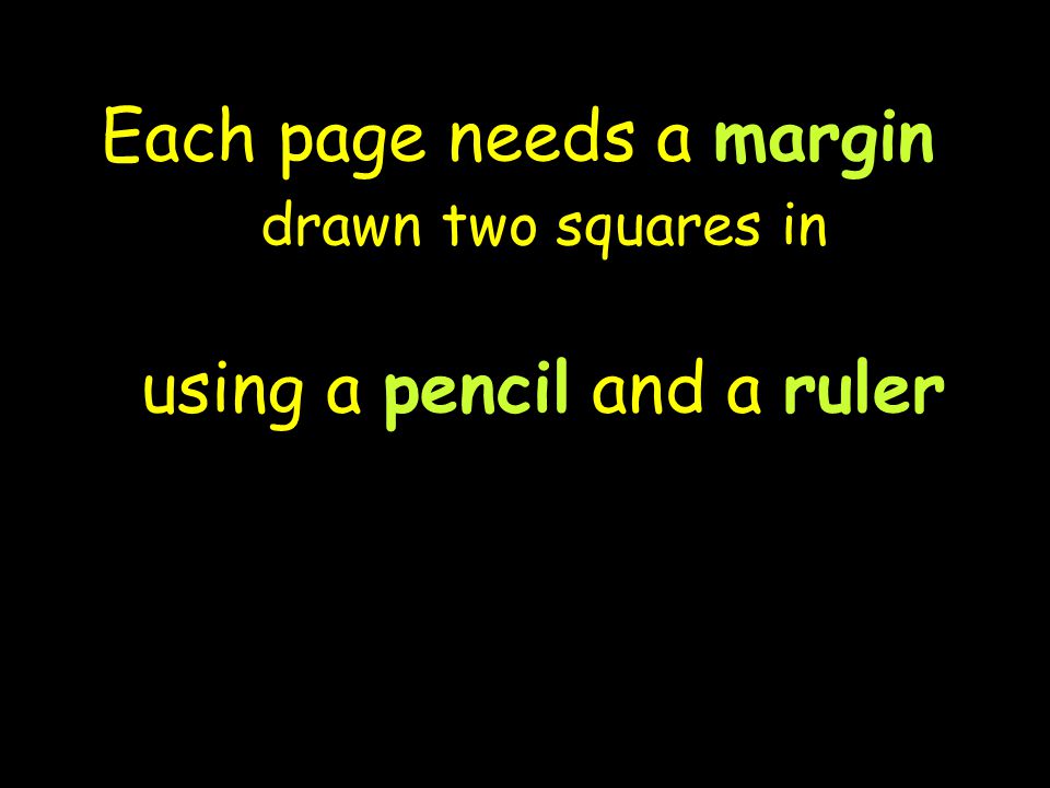 Each page needs a margin drawn two squares in using a pencil and a ruler