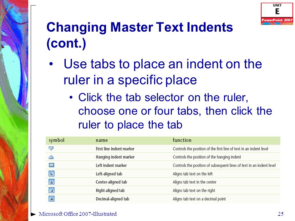 25Microsoft Office 2007-Illustrated Changing Master Text Indents (cont.) Use tabs to place an indent on the ruler in a specific place Click the tab selector on the ruler, choose one or four tabs, then click the ruler to place the tab