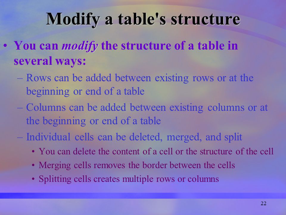 22 Modify a table s structure modifyYou can modify the structure of a table in several ways: –Rows can be added between existing rows or at the beginning or end of a table –Columns can be added between existing columns or at the beginning or end of a table –Individual cells can be deleted, merged, and split You can delete the content of a cell or the structure of the cell Merging cells removes the border between the cells Splitting cells creates multiple rows or columns