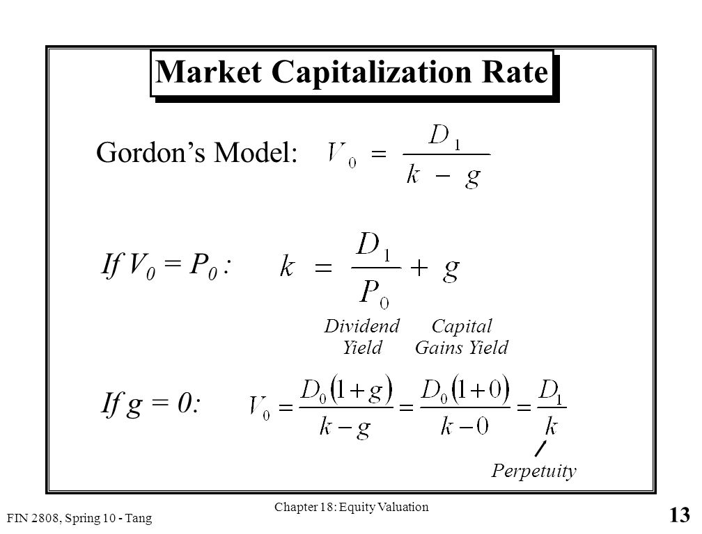 13 FIN 2808, Spring 10 - Tang Chapter 18: Equity Valuation Market Capitalization Rate If V 0 = P 0 : Dividend Yield Capital Gains Yield Gordon’s Model: If g = 0: Perpetuity