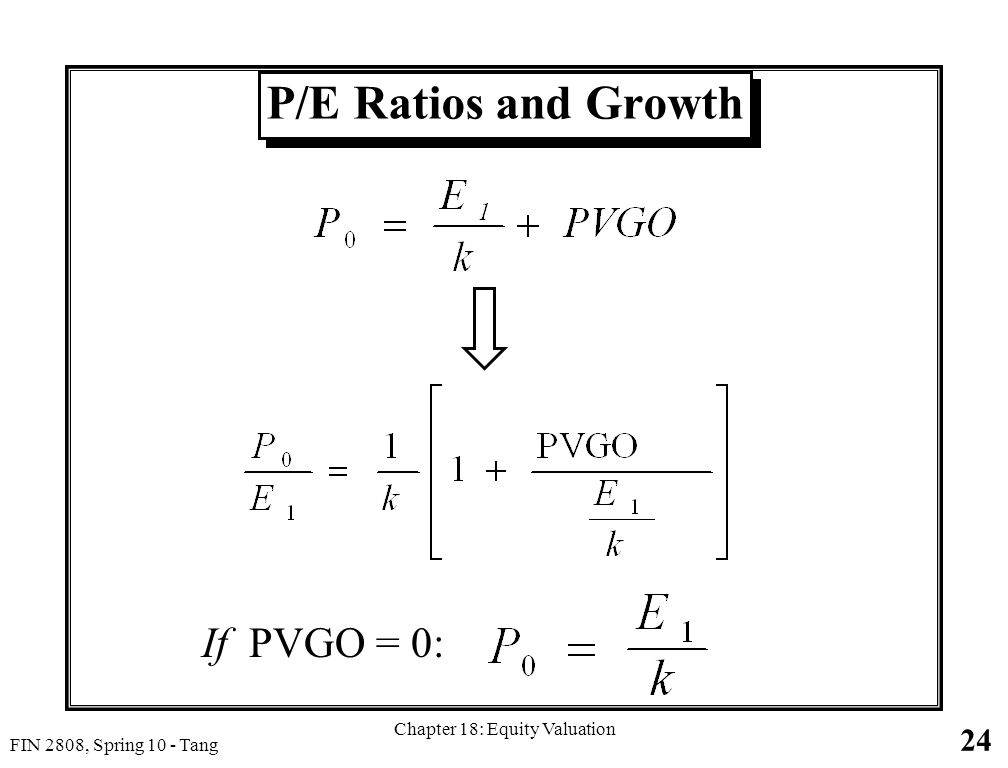 24 FIN 2808, Spring 10 - Tang Chapter 18: Equity Valuation P/E Ratios and Growth If PVGO = 0: