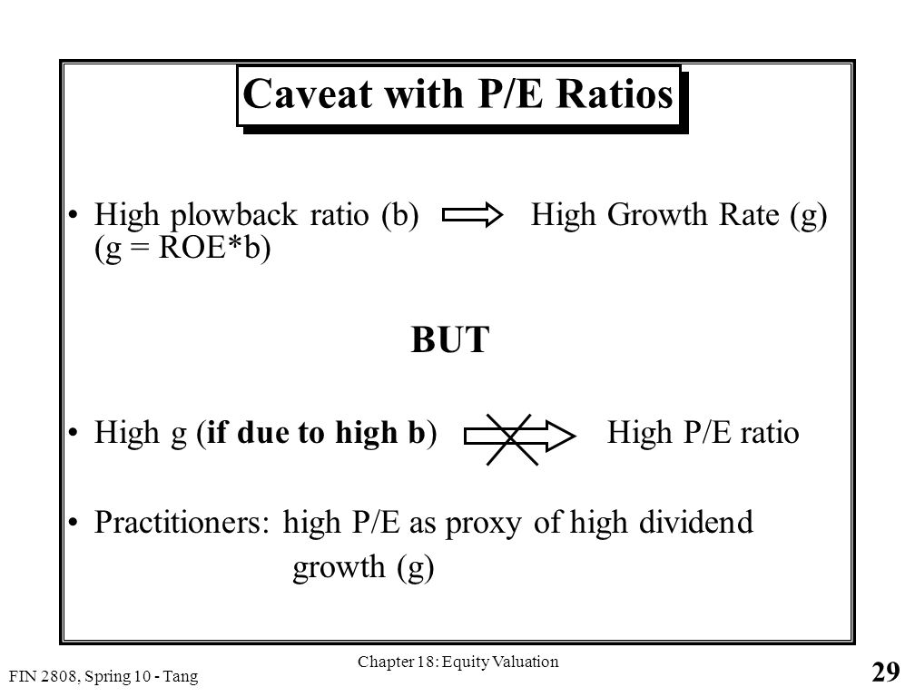 29 FIN 2808, Spring 10 - Tang Chapter 18: Equity Valuation Caveat with P/E Ratios High plowback ratio (b) High Growth Rate (g) (g = ROE*b) BUT High g (if due to high b) High P/E ratio Practitioners: high P/E as proxy of high dividend growth (g)