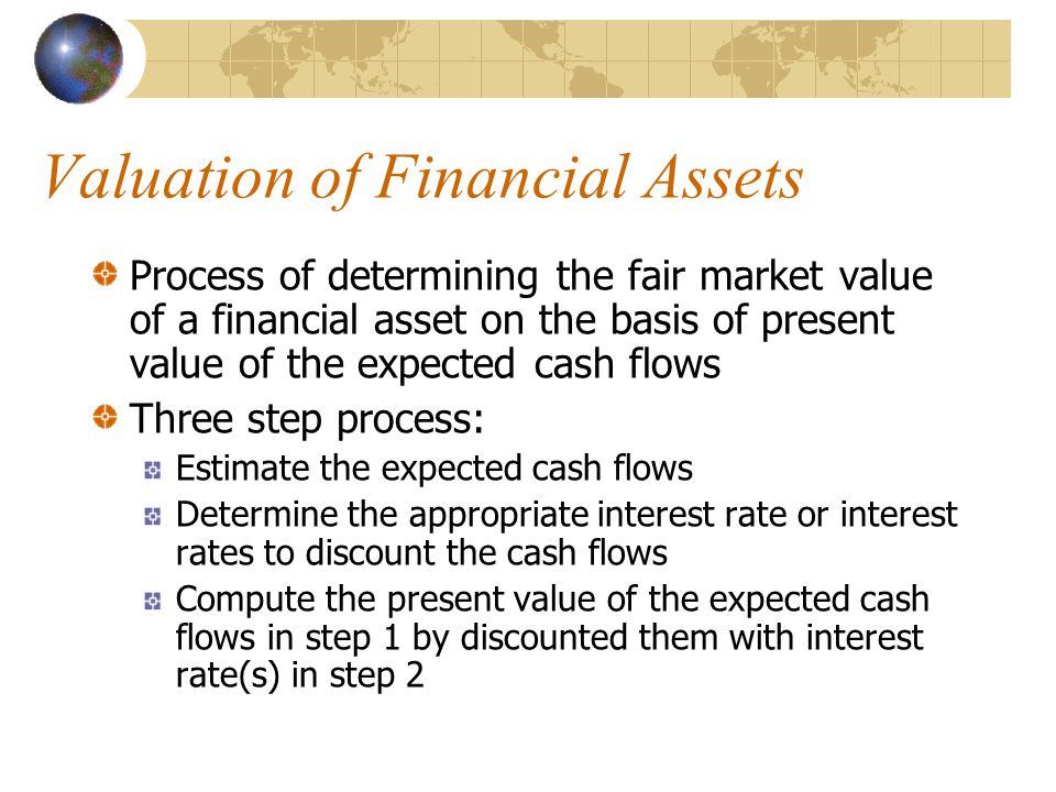 Valuation of Financial Assets Process of determining the fair market value of a financial asset on the basis of present value of the expected cash flows Three step process: Estimate the expected cash flows Determine the appropriate interest rate or interest rates to discount the cash flows Compute the present value of the expected cash flows in step 1 by discounted them with interest rate(s) in step 2